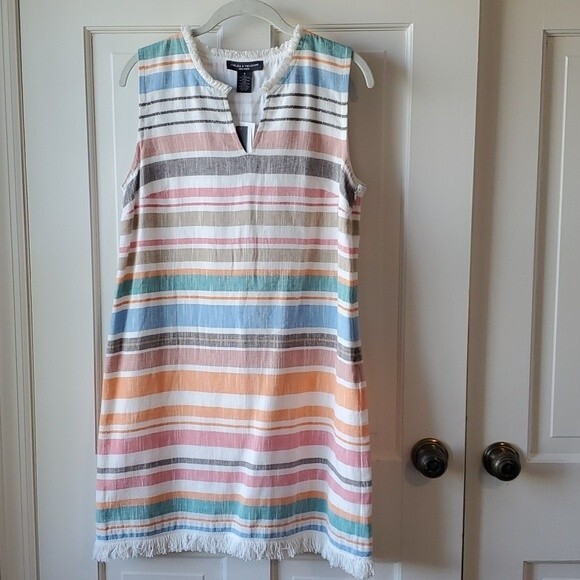 NWT CHELSEA & THEODORE SLEEVELESS STRIPED COTTON SHIFT DRESS FRINGE BOHO SIZE 8 - Picture 1 of 13